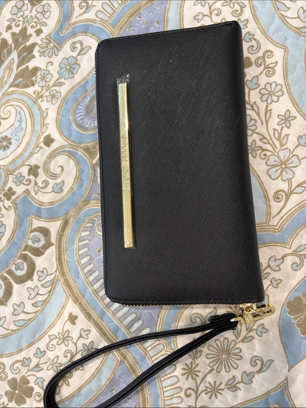 Steve Madden Black Wallet with Gold Bar Accent